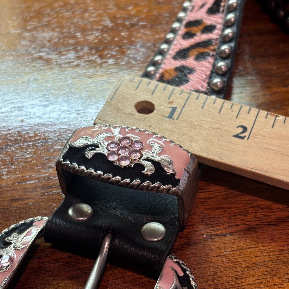 Y2K Pink Leopard Rhinestone Western Belt Studded Heavy Metal Buckle Cowgirl 41" - Picture 9 of 9